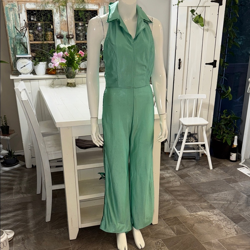 1970s disco fever, Funk, Electro, jumpsuit mint green, emerald green sequins sm